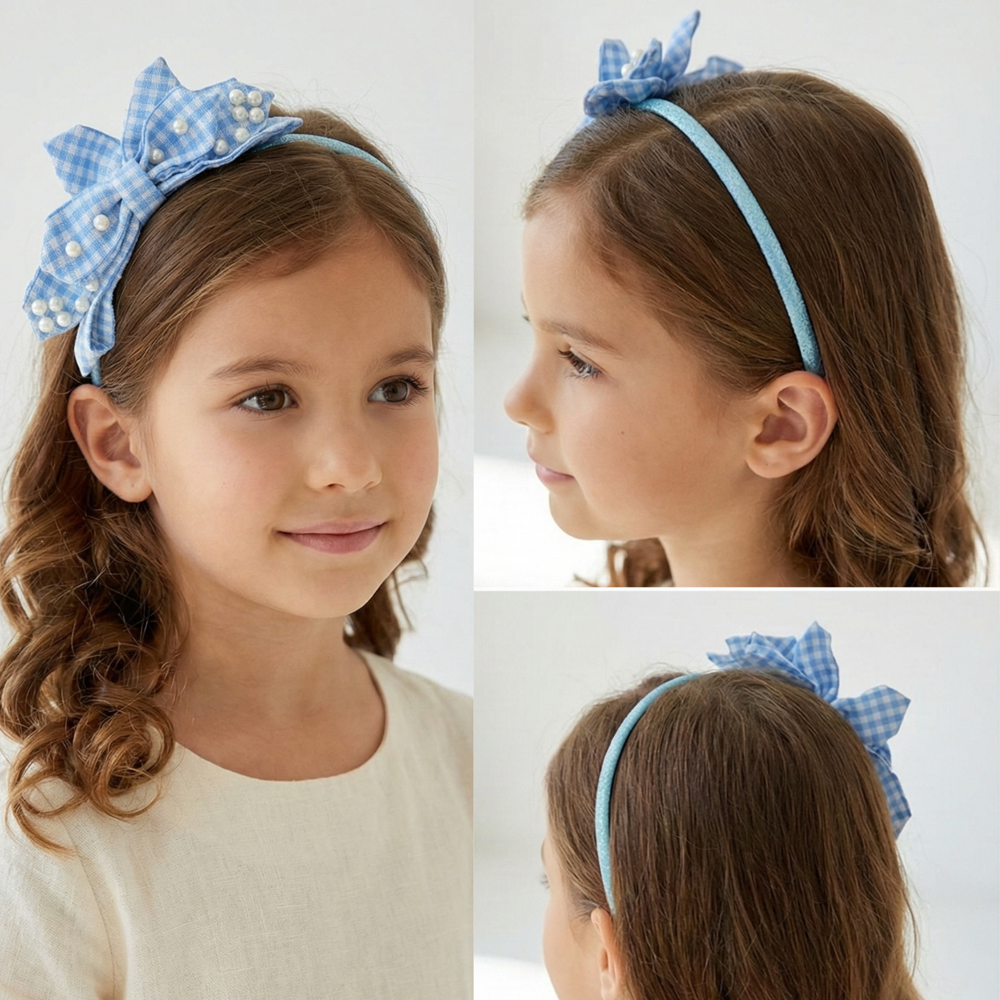 Blue Gingham Pearl Bow Headband