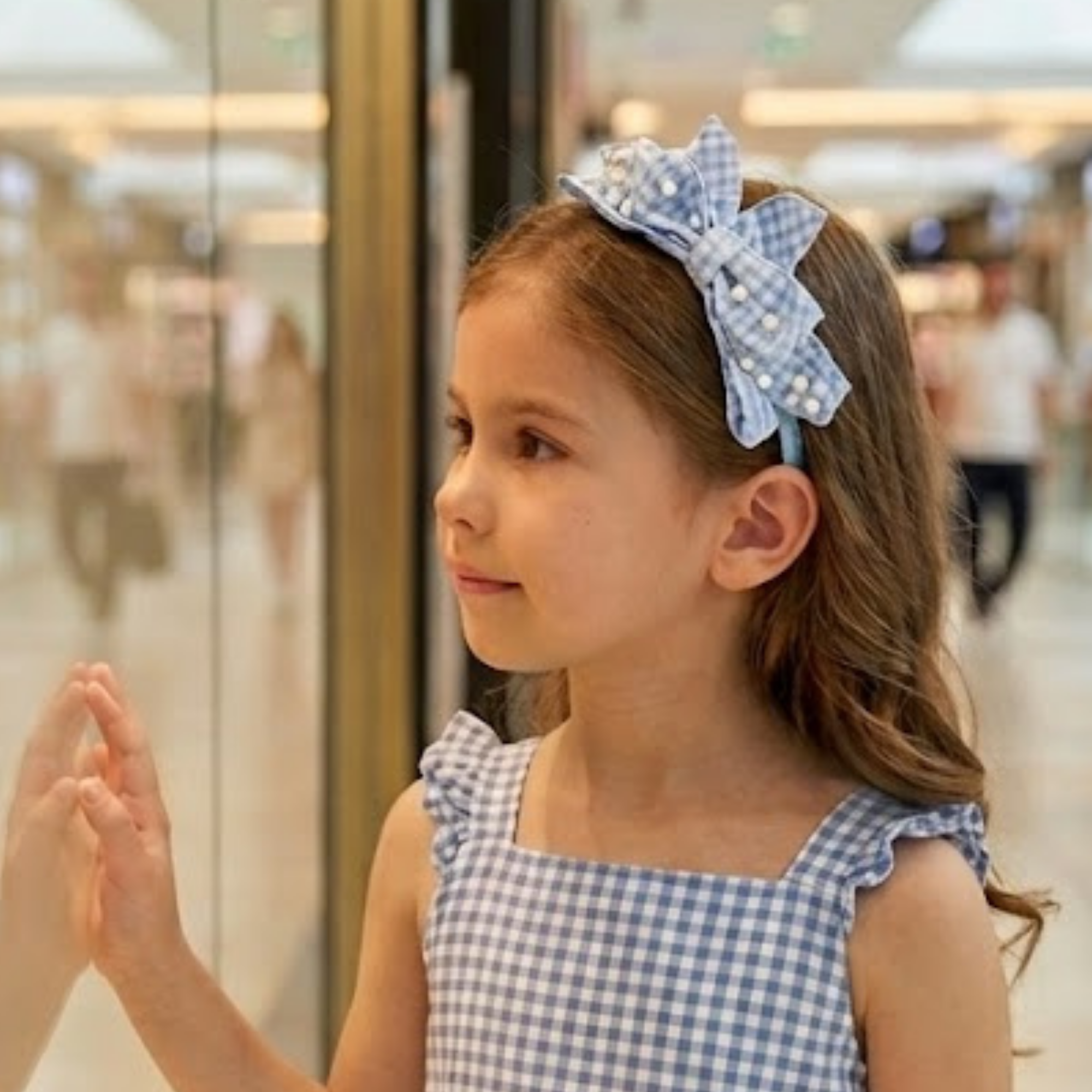 Blue Gingham Pearl Bow Headband