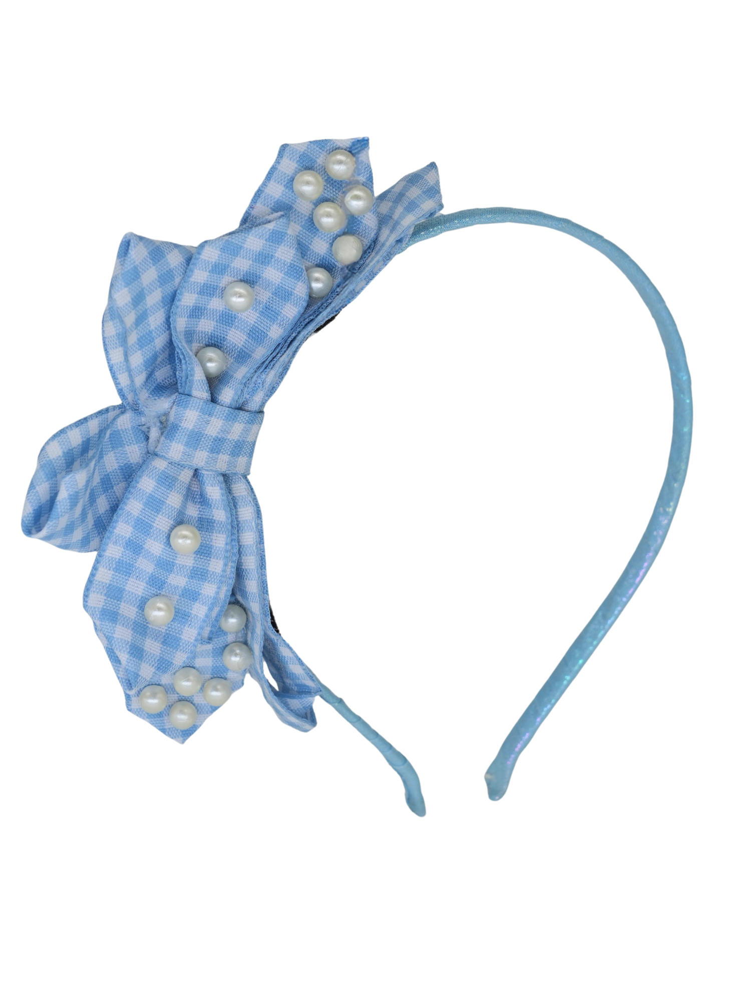 Blue Gingham Pearl Bow Headband