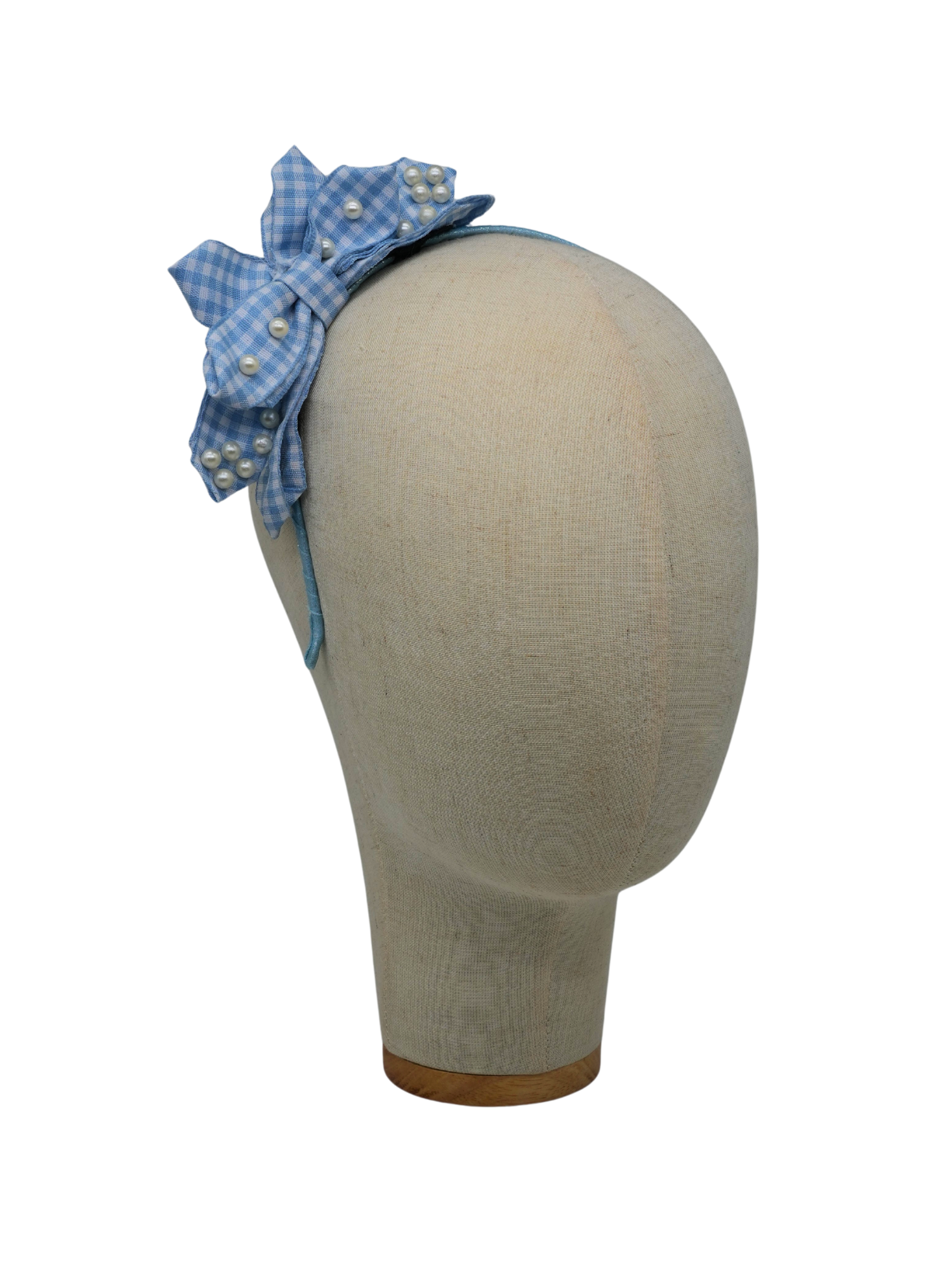 Blue Gingham Pearl Bow Headband