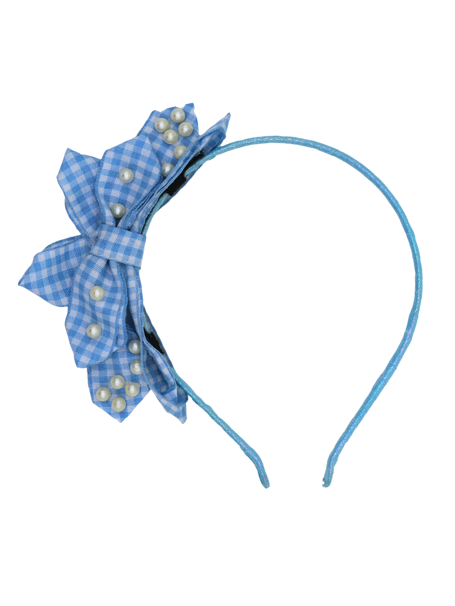 Blue Gingham Pearl Bow Headband