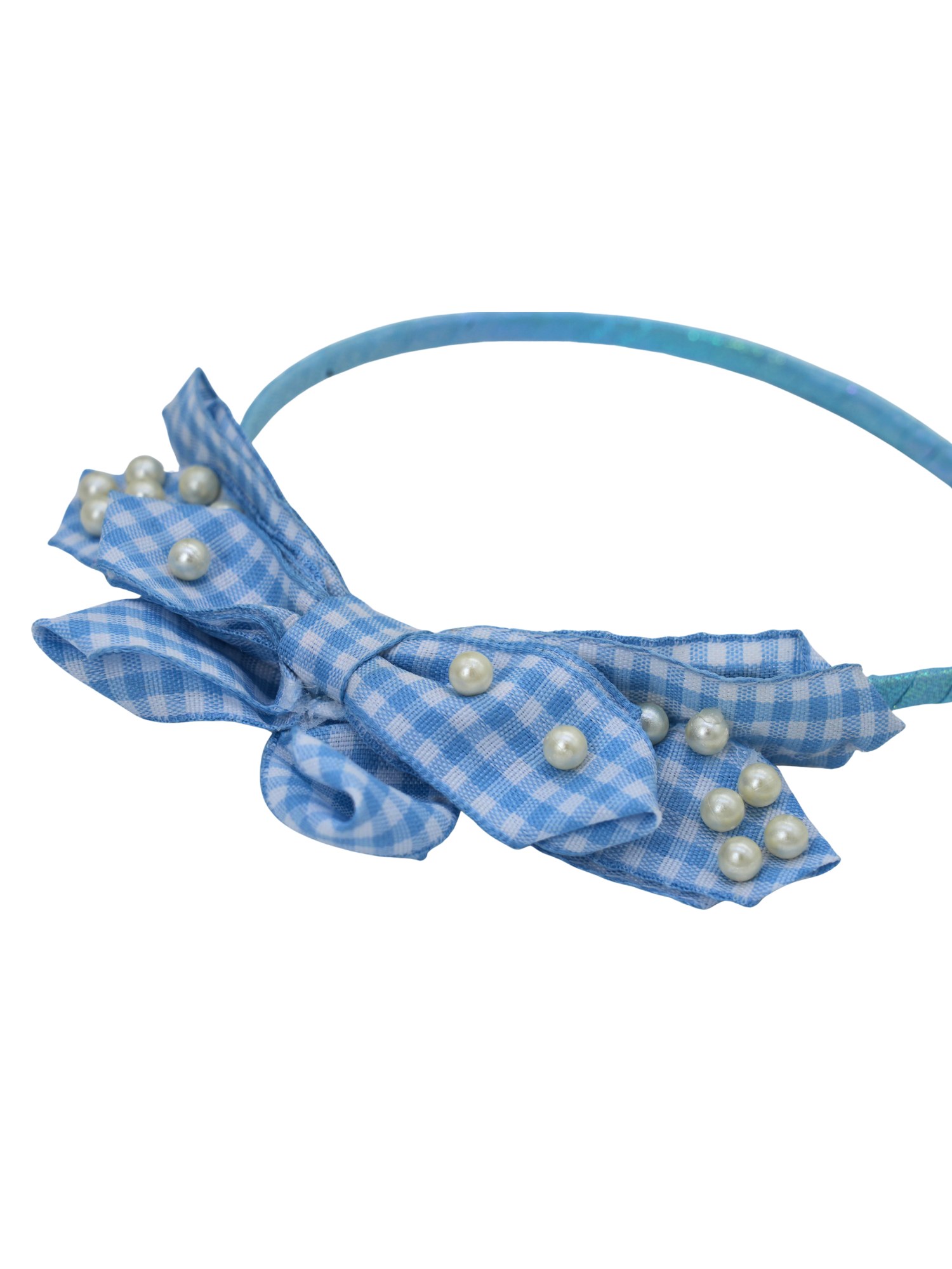 Blue Gingham Pearl Bow Headband