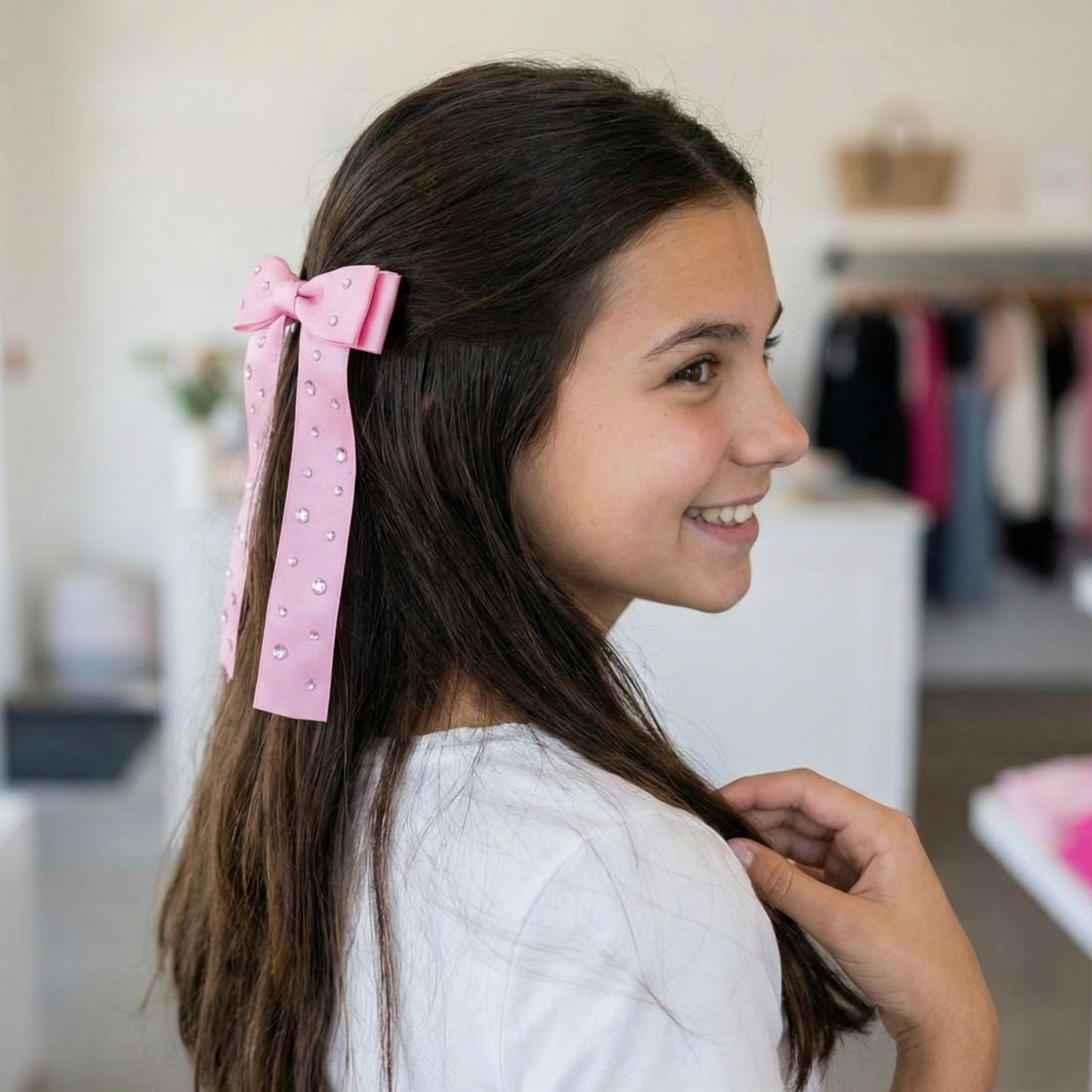 Pink Rhinestone Bow Clip