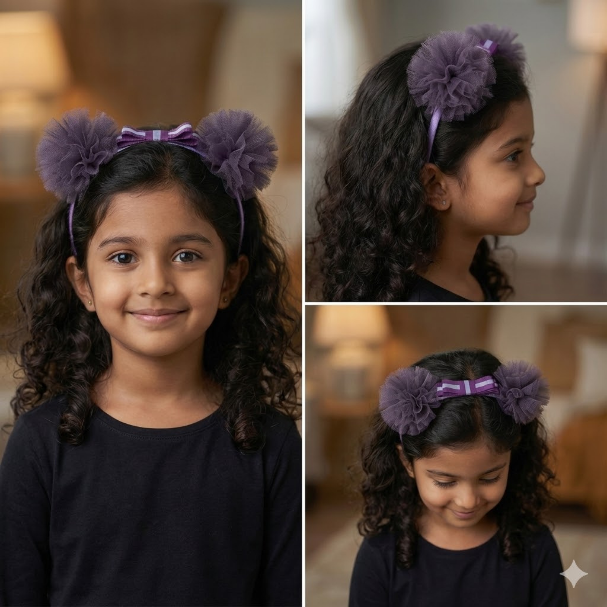 Satin Bow Tulle Headband – Purple.