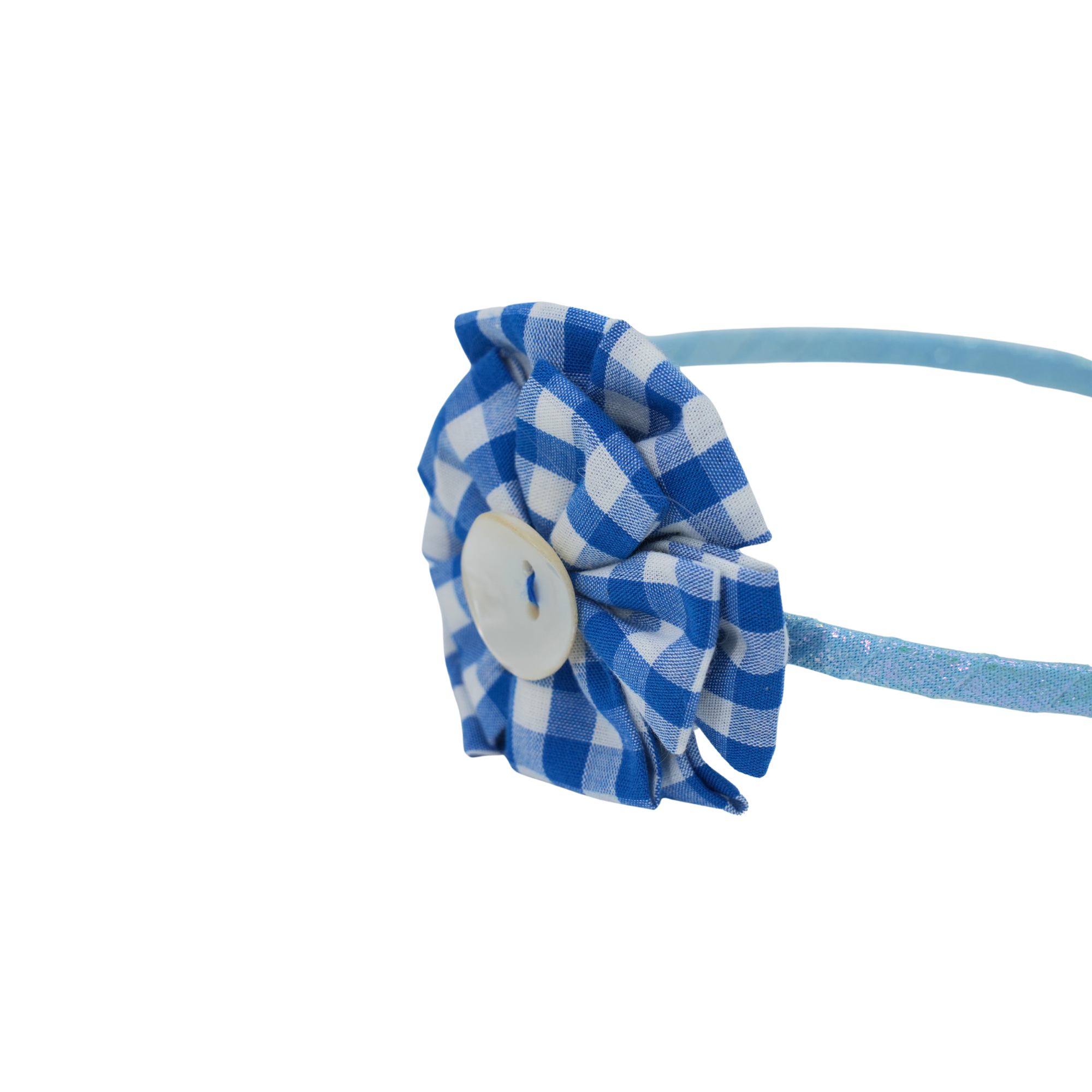Blue Gingham Flower Pearl Headband