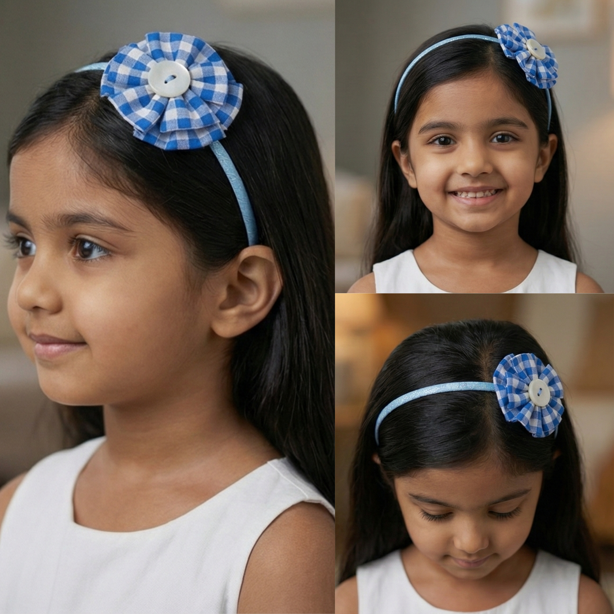 Blue Gingham Flower Pearl Headband