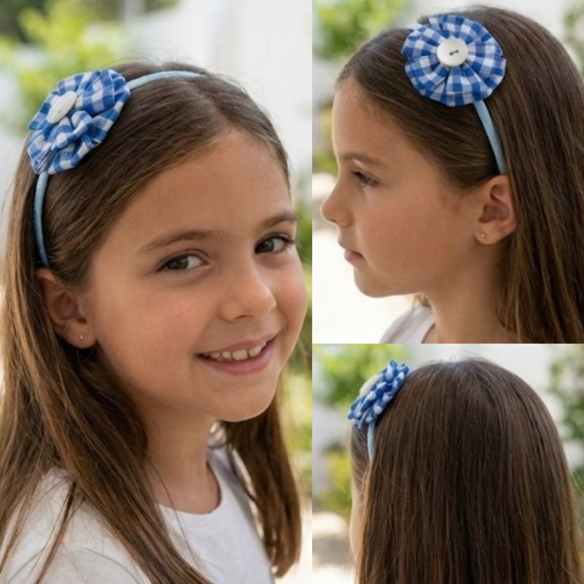 Blue Gingham Flower Pearl Headband