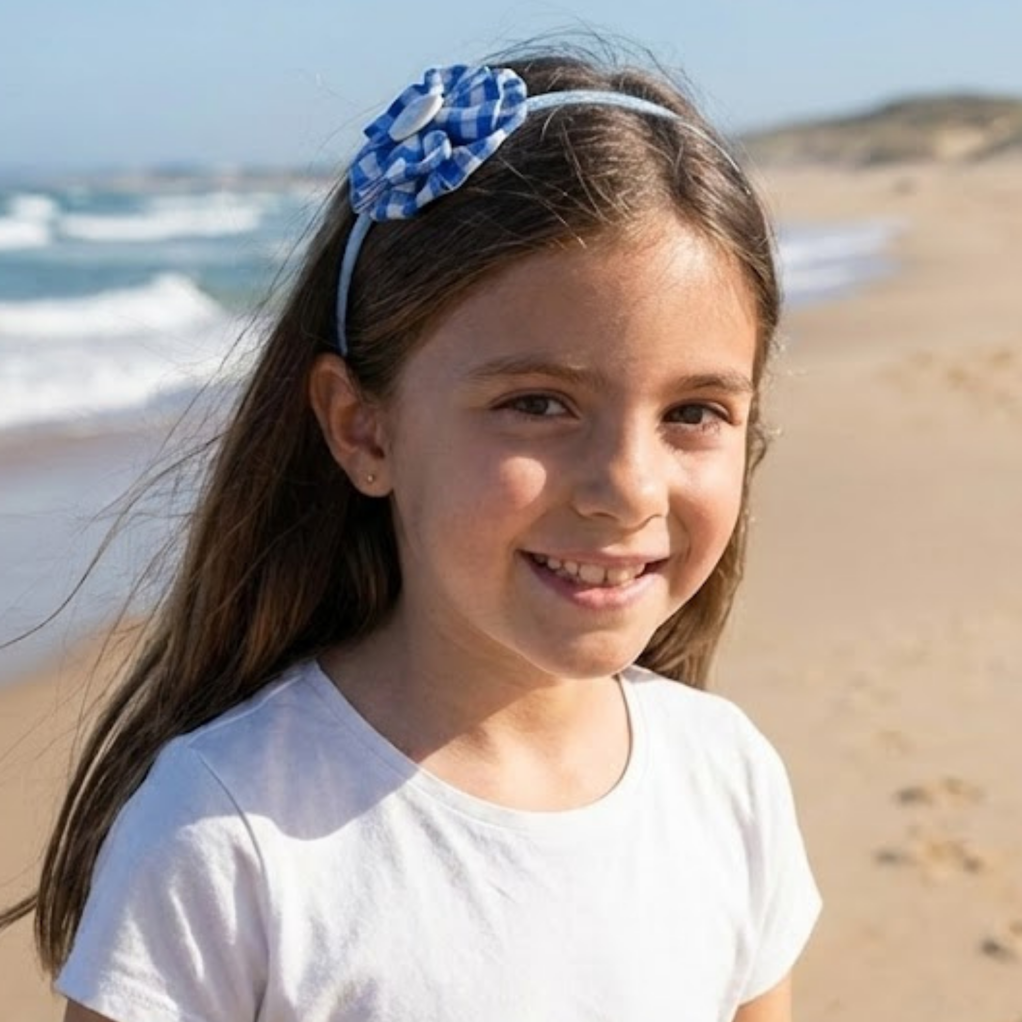 Blue Gingham Flower Pearl Headband