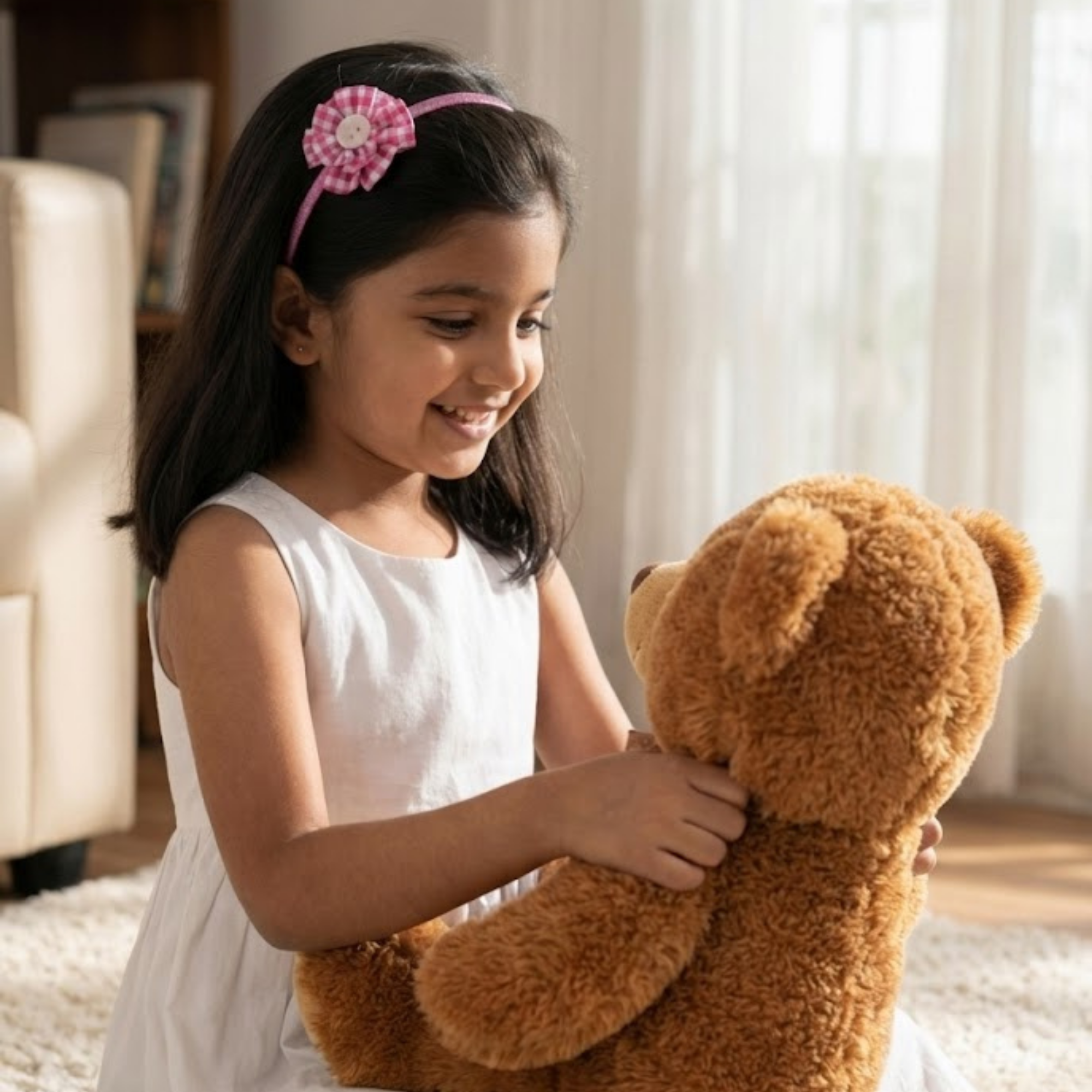 Pink Gingham Flower Pearl Headband