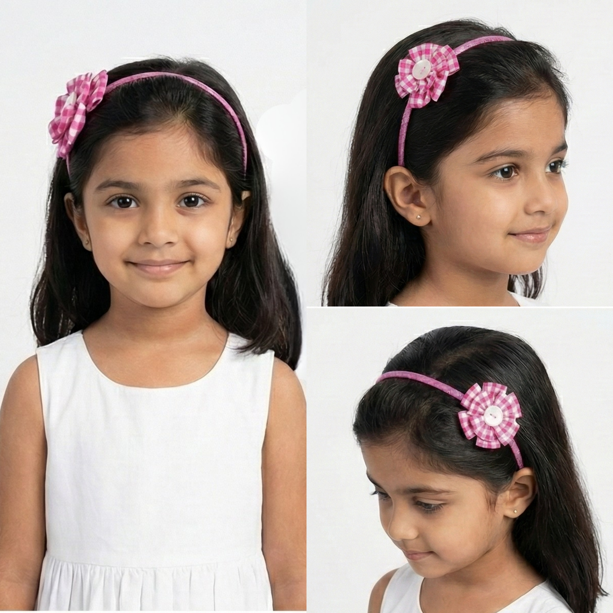 Pink Gingham Flower Pearl Headband