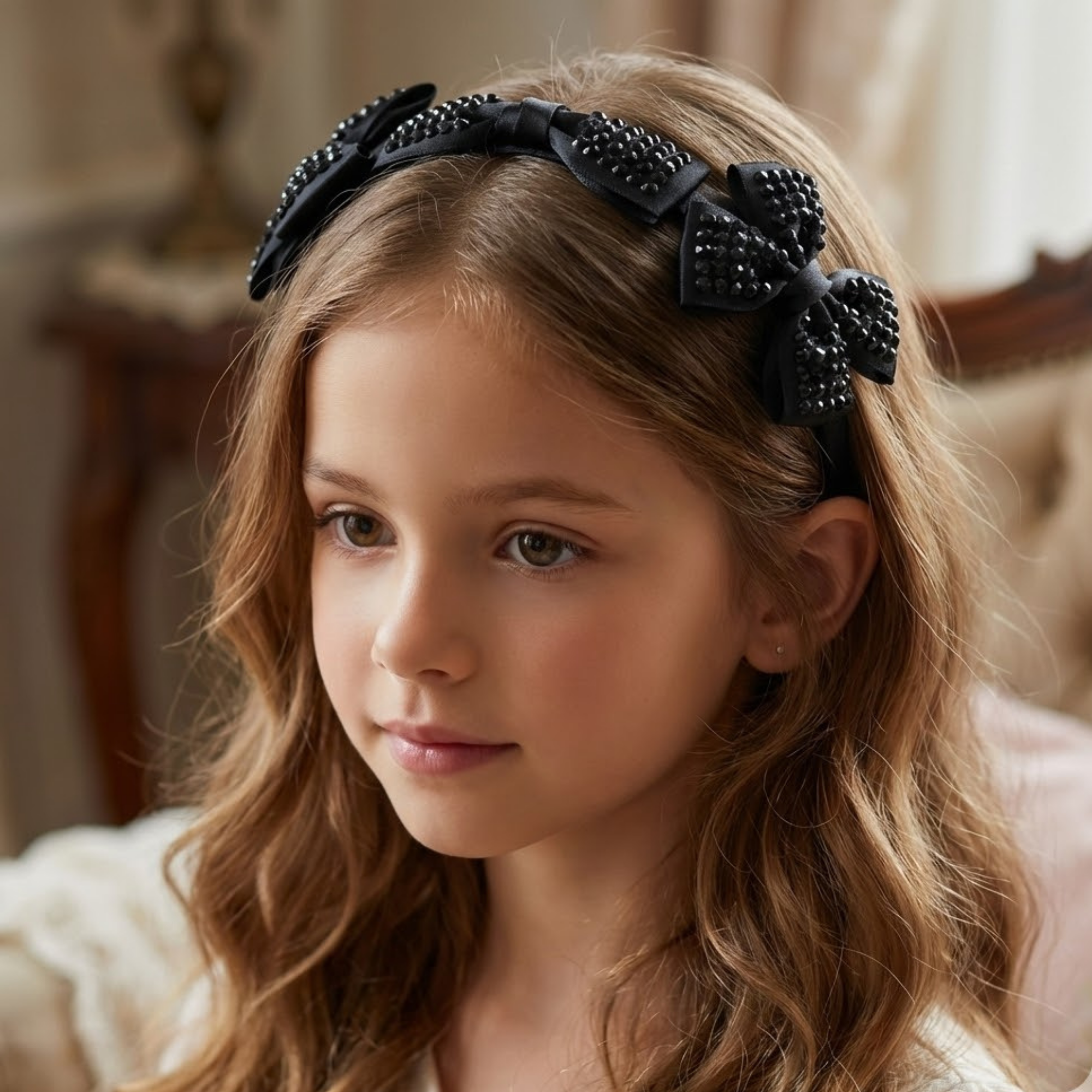 Black Jeweled Bow Satin Headband