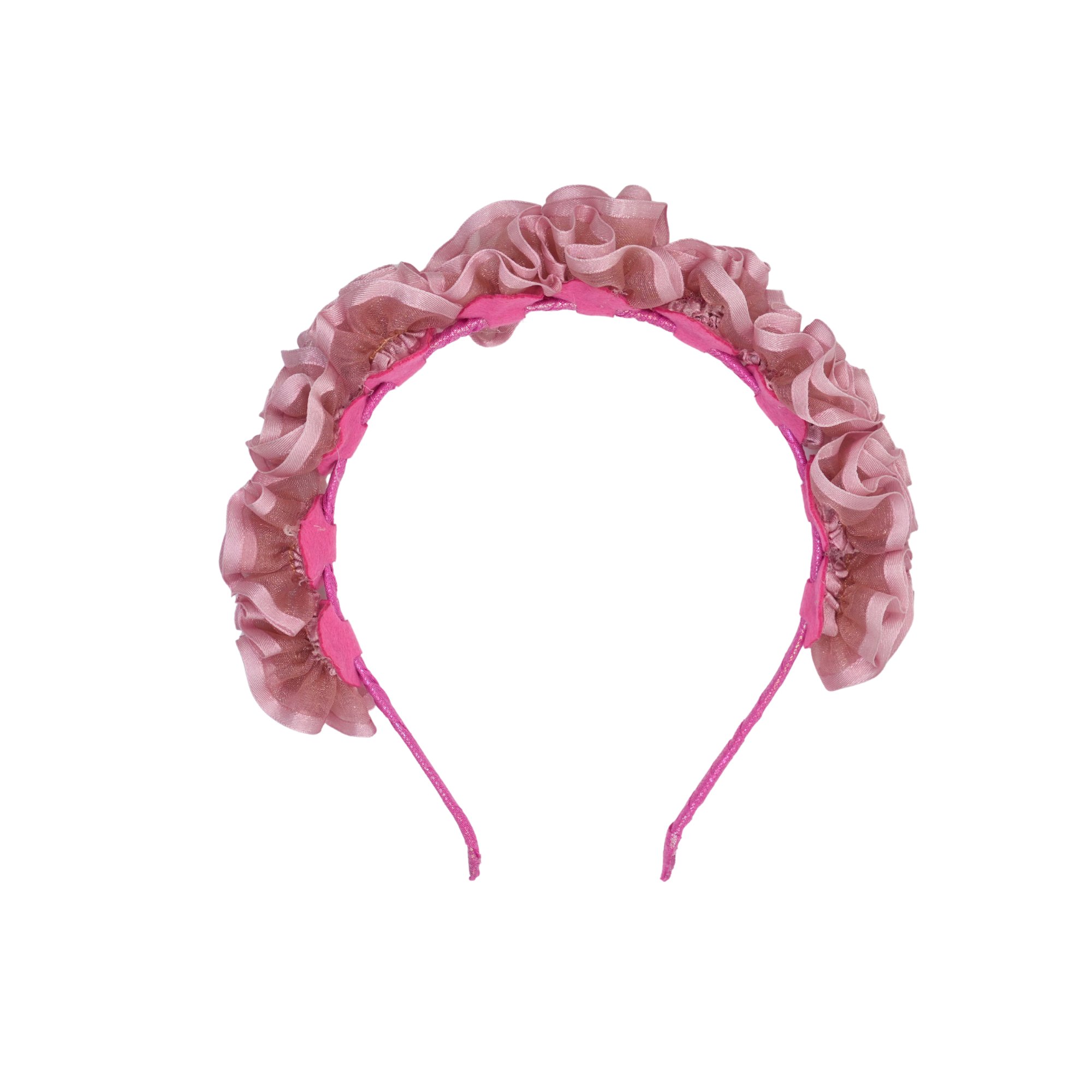 Pink satin organza  ruffle rose headband.