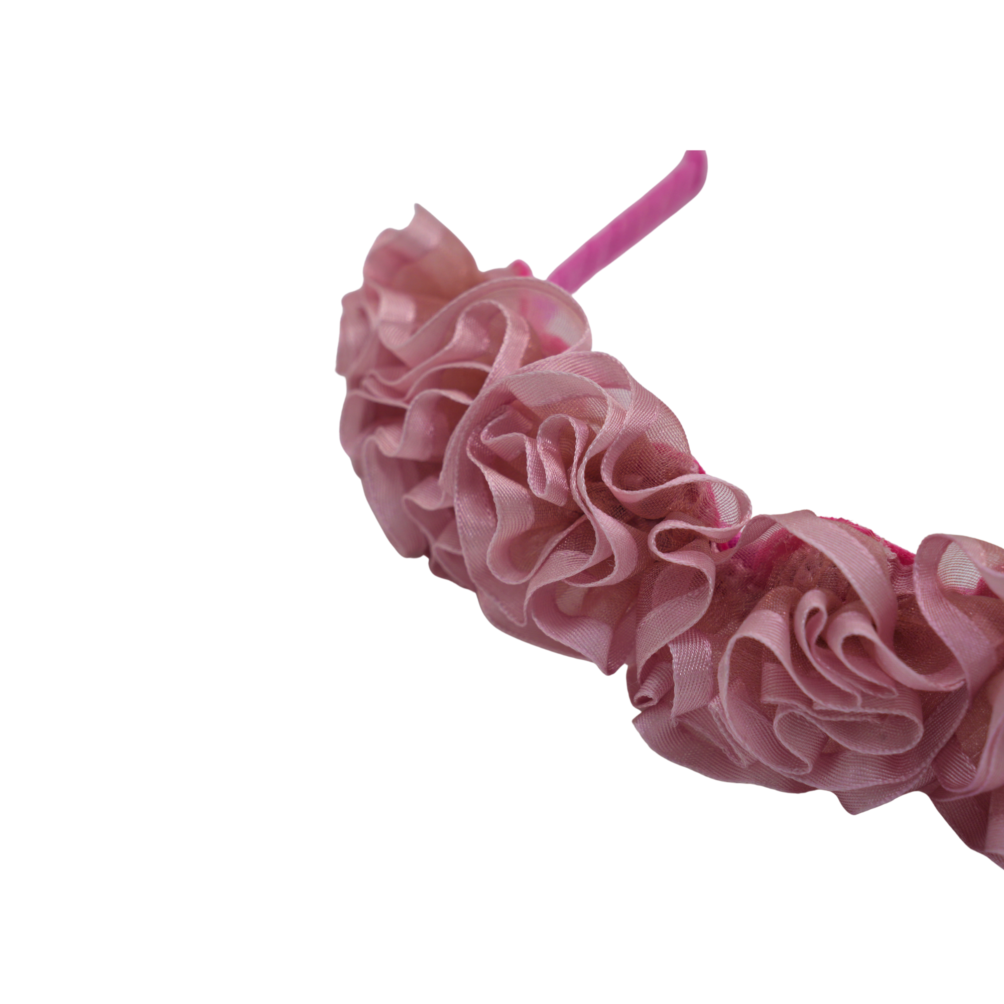 Pink satin organza  ruffle rose headband.