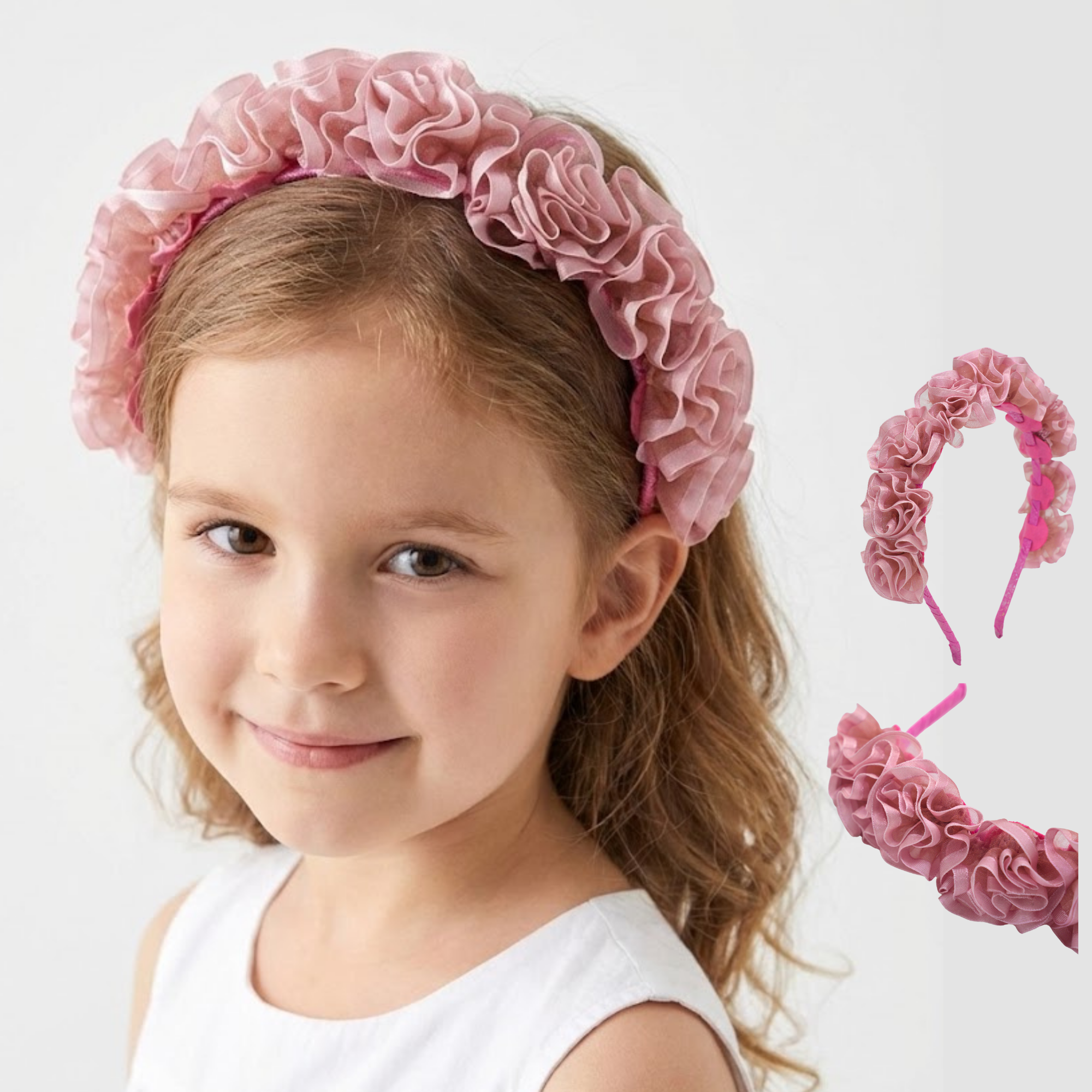 Pink satin organza  ruffle rose headband.