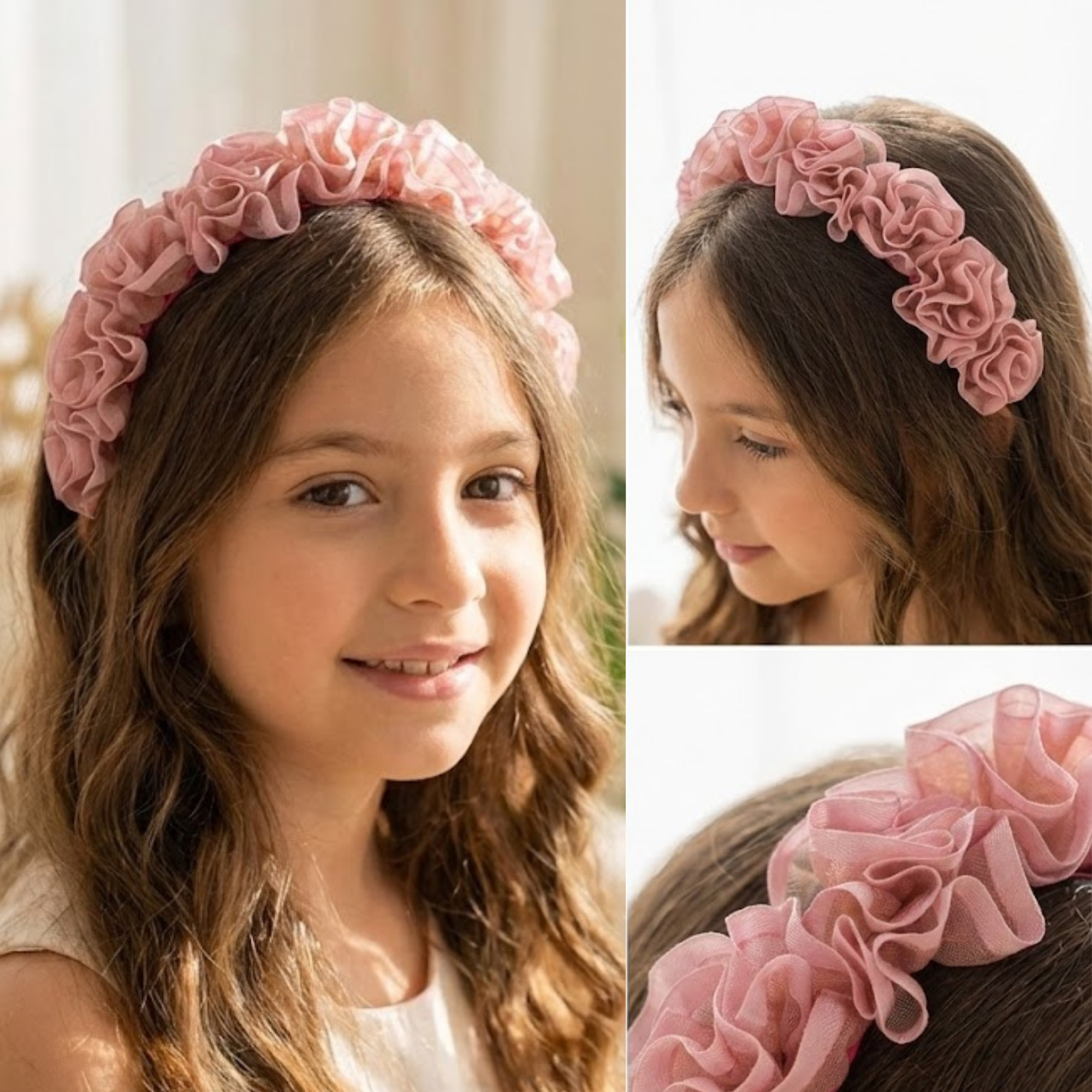 Pink satin organza  ruffle rose headband.