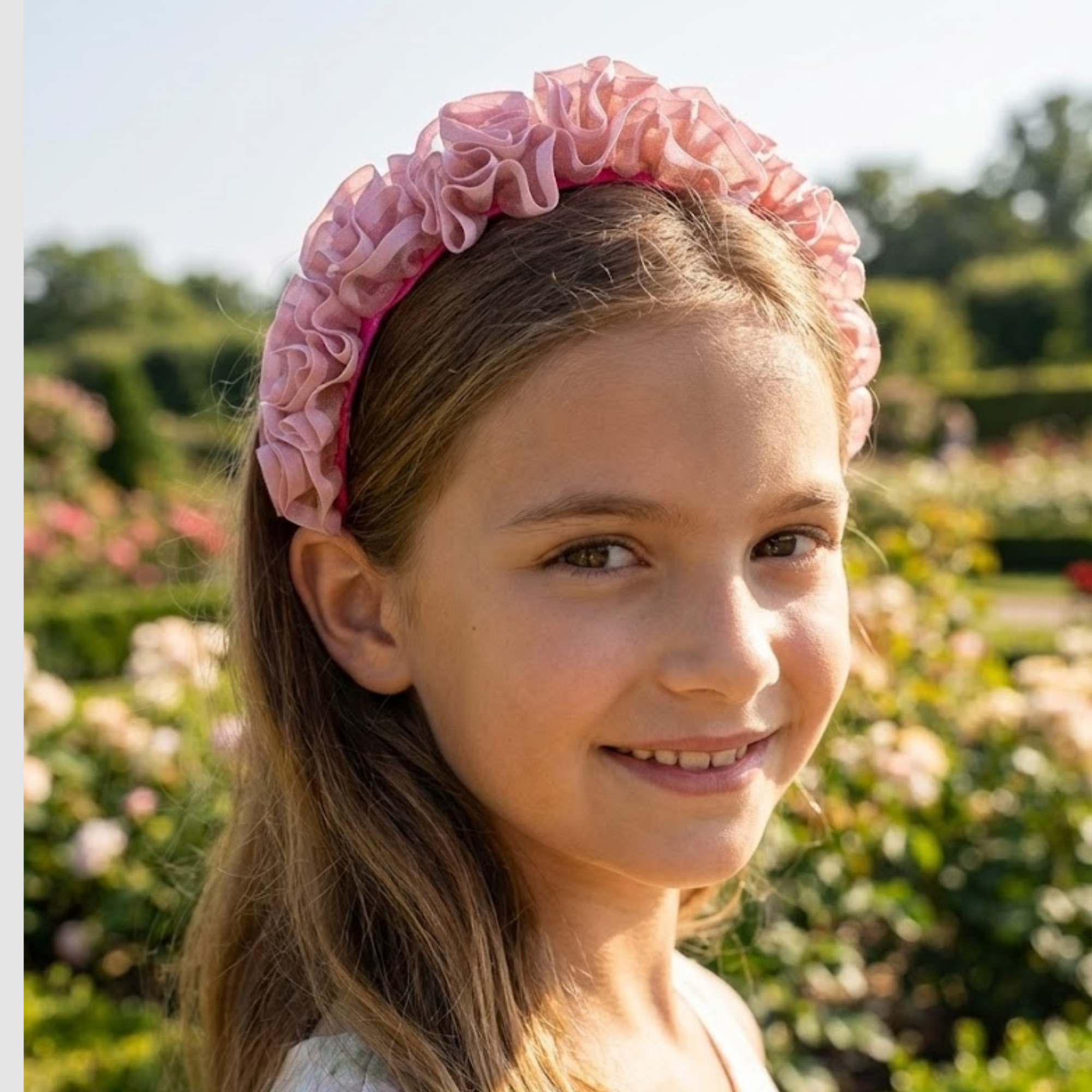 Pink satin organza  ruffle rose headband.