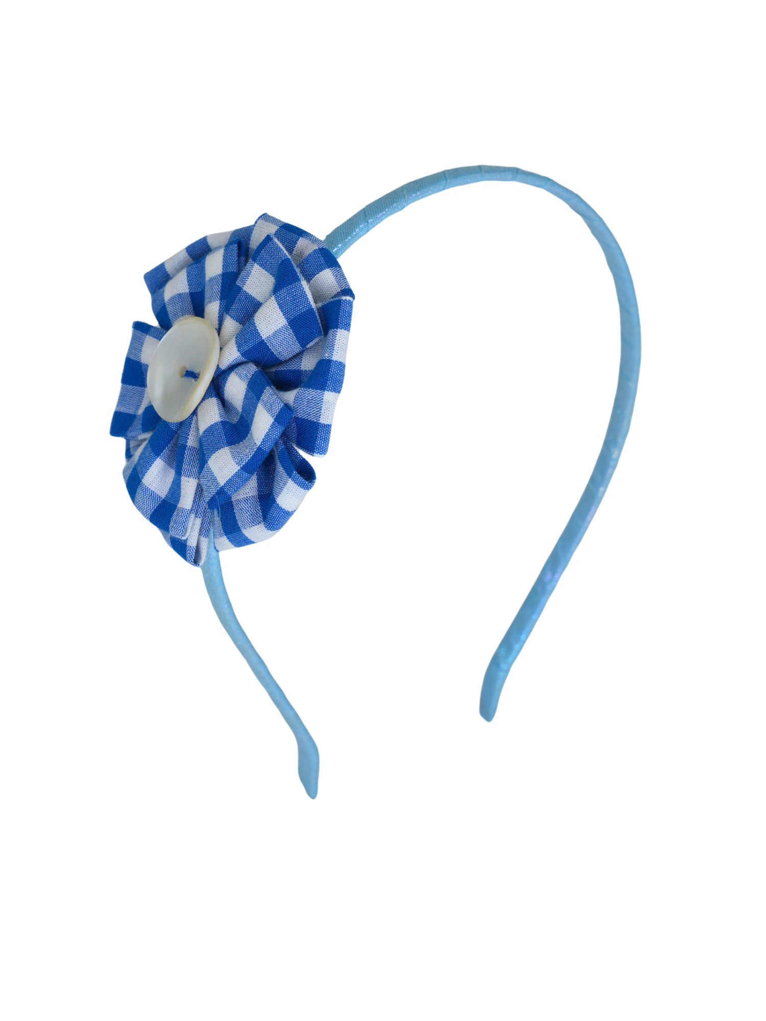 Blue Gingham Flower Pearl Headband