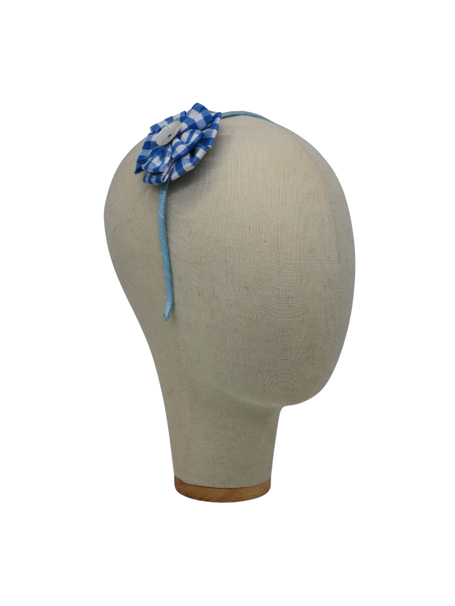 Blue Gingham Flower Pearl Headband