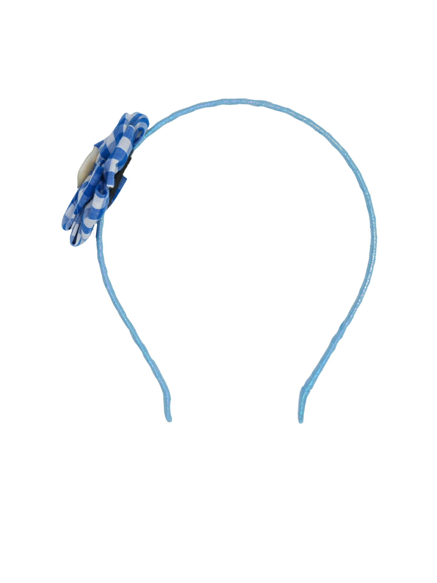 Blue Gingham Flower Pearl Headband