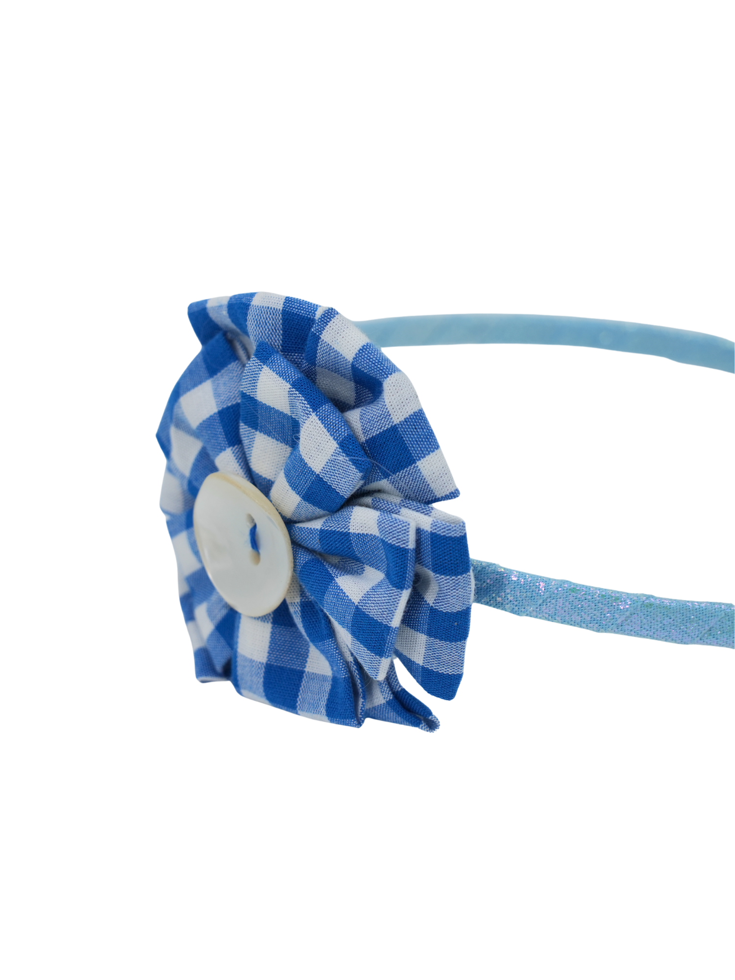 Blue Gingham Flower Pearl Headband