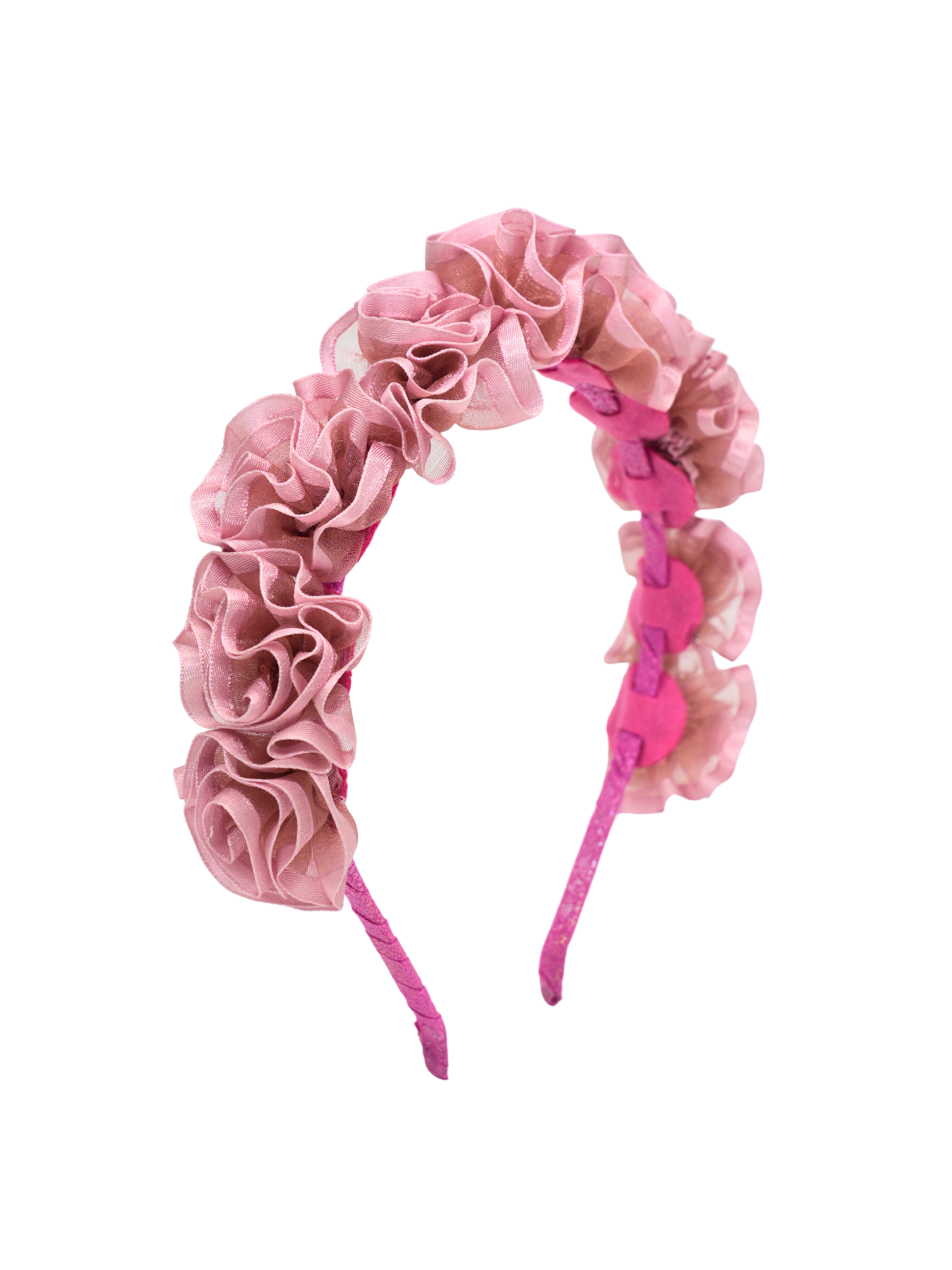 Pink satin organza  ruffle rose headband.