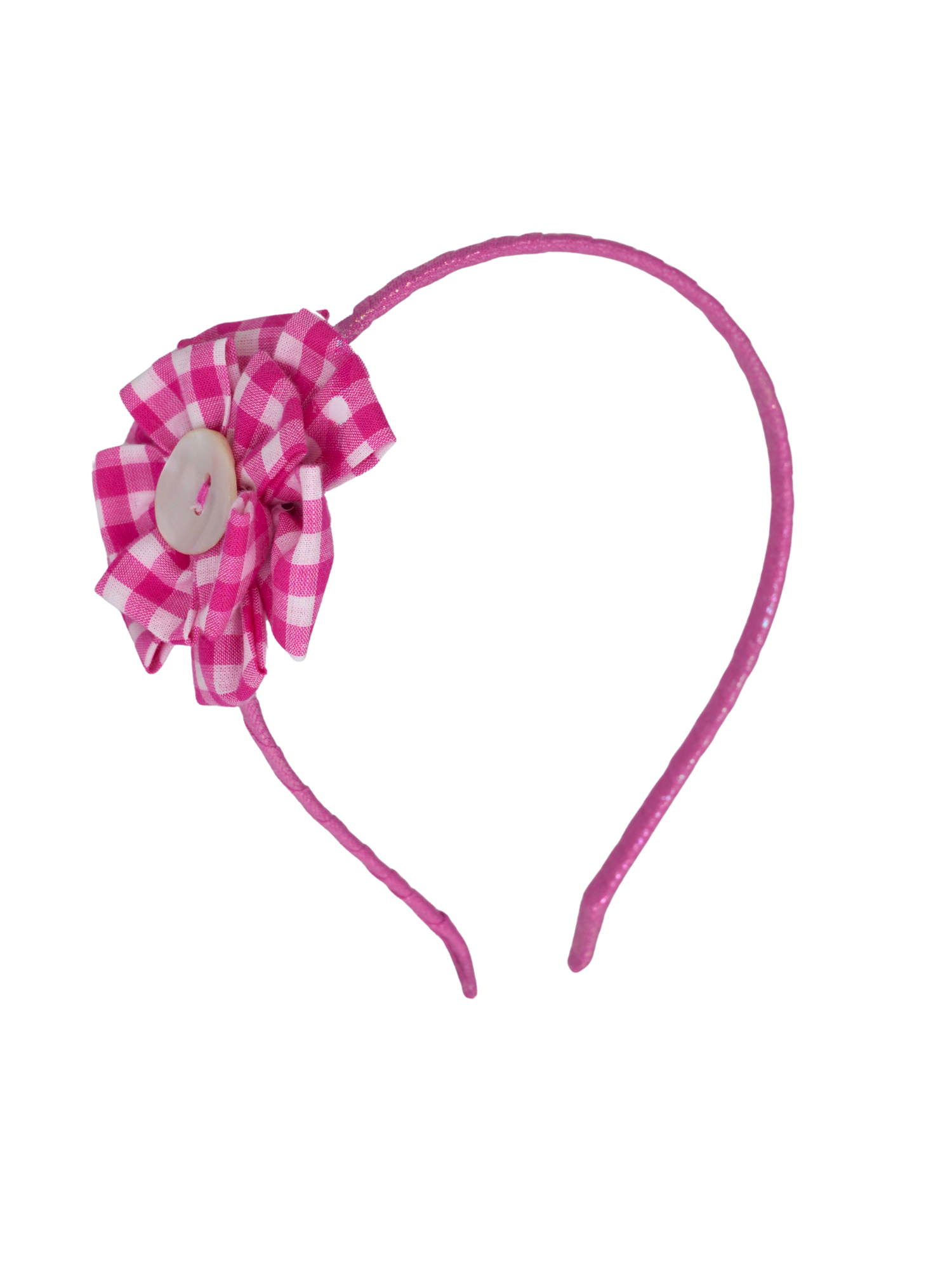 Pink Gingham Flower Pearl Headband