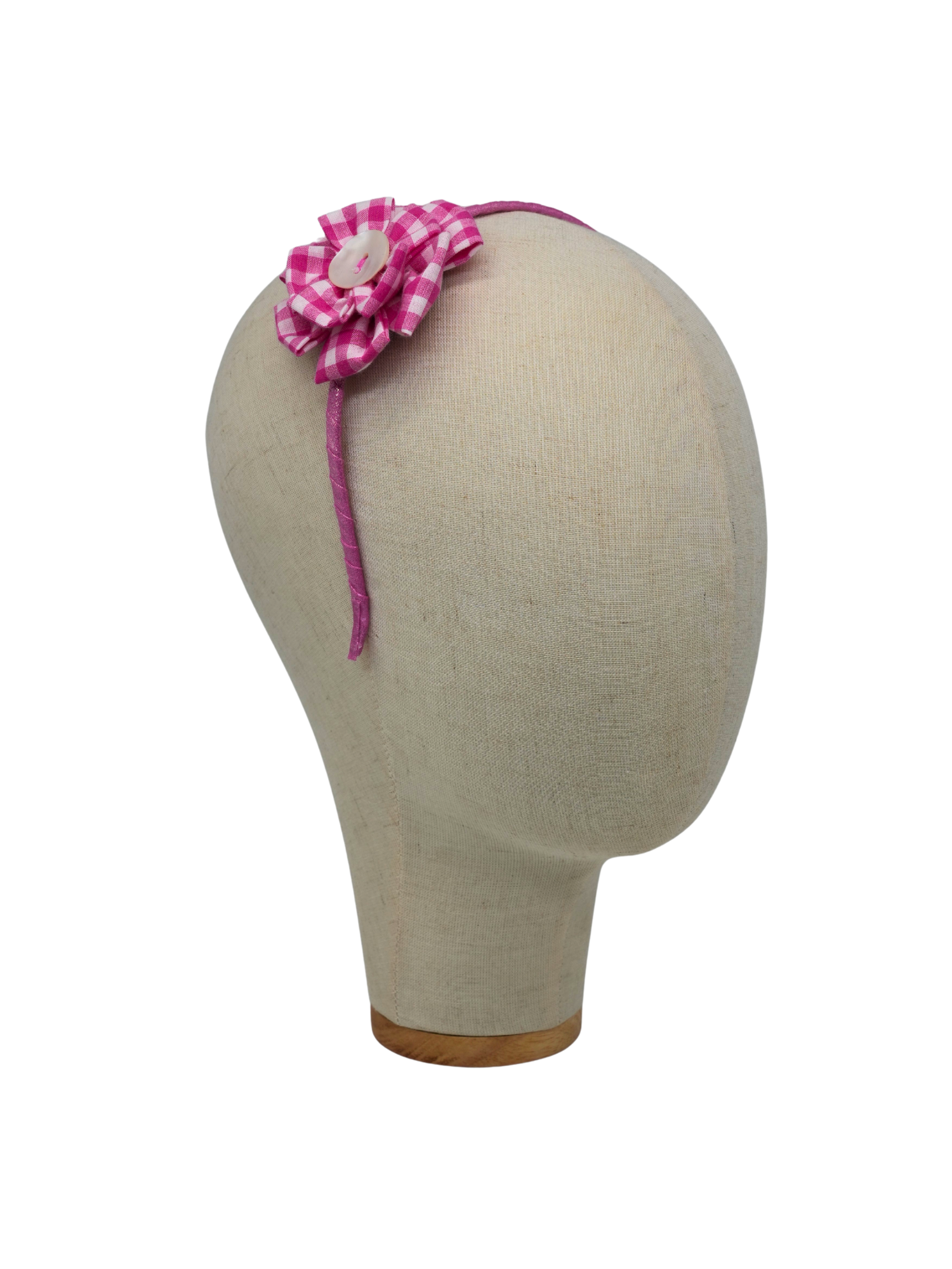 Pink Gingham Flower Pearl Headband