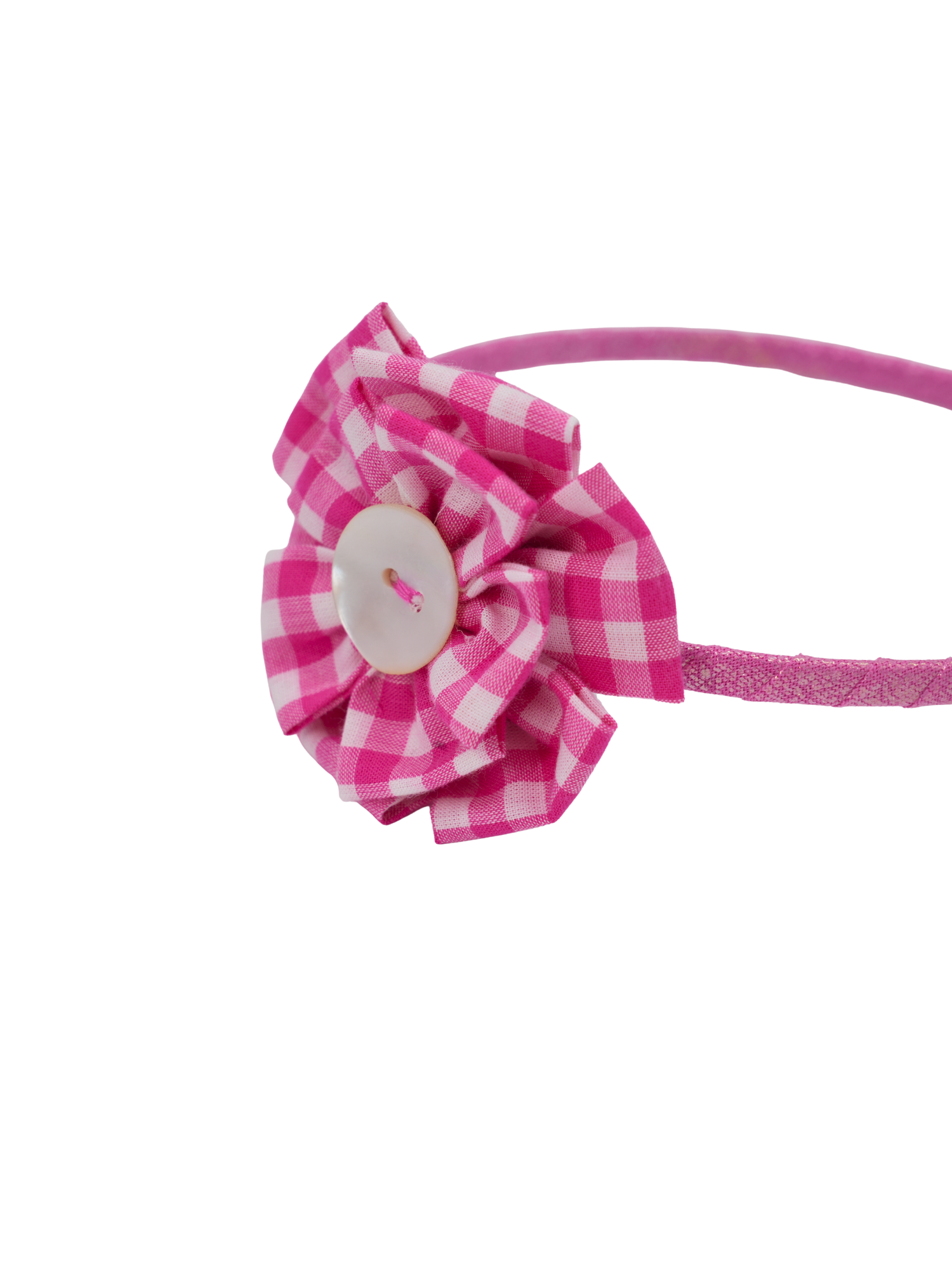 Pink Gingham Flower Pearl Headband