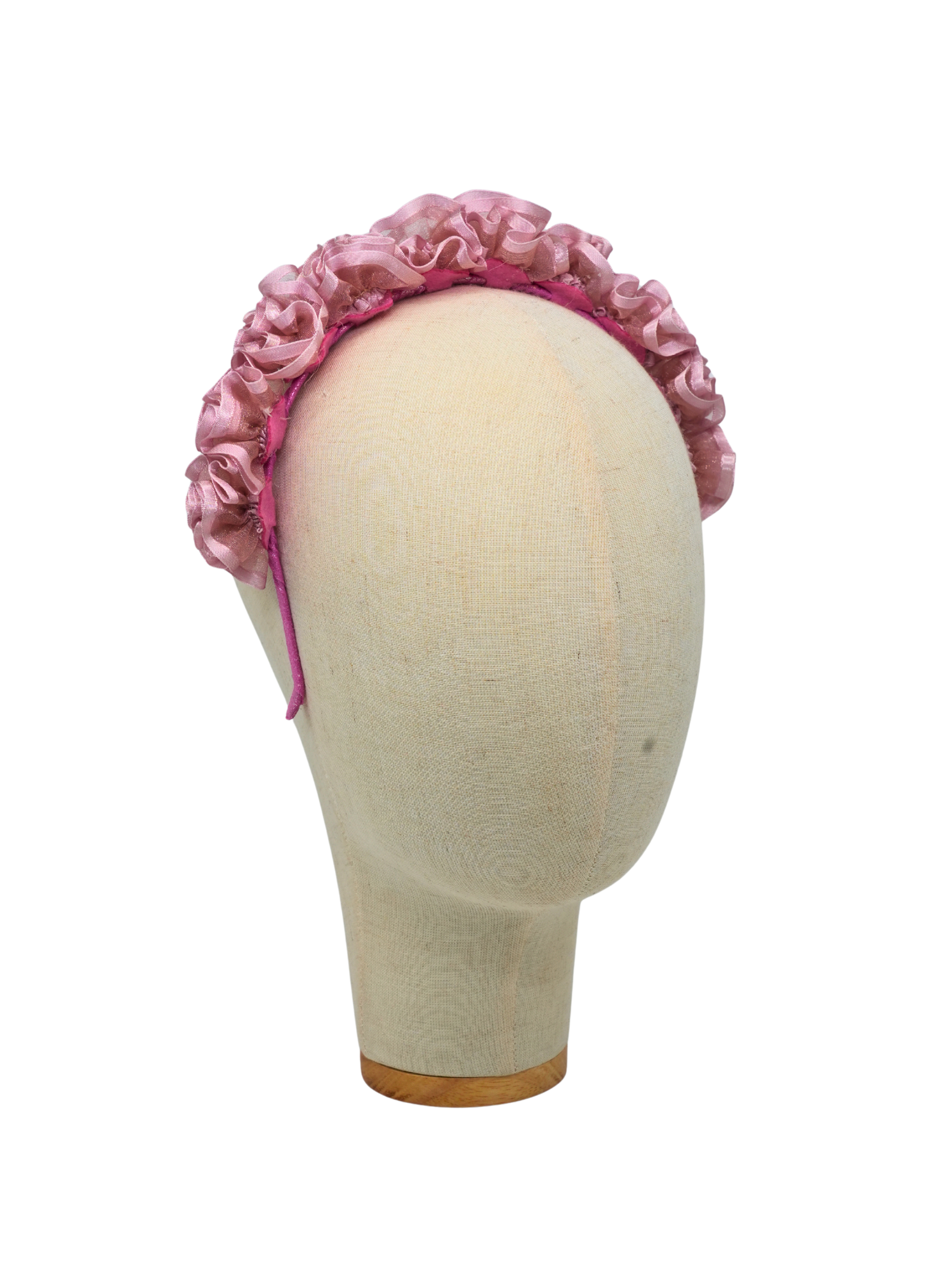 Pink satin organza  ruffle rose headband.