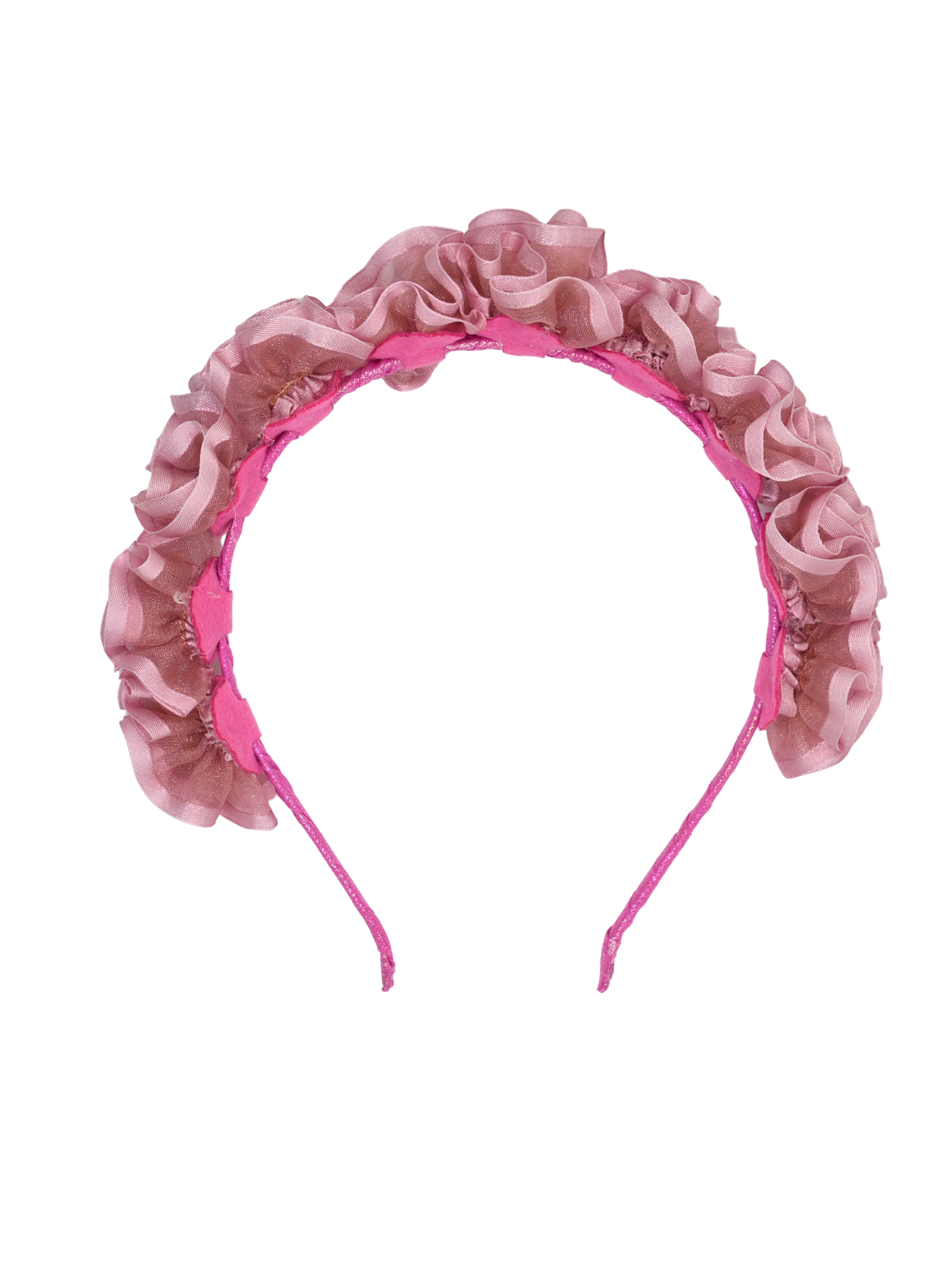 Pink satin organza  ruffle rose headband.