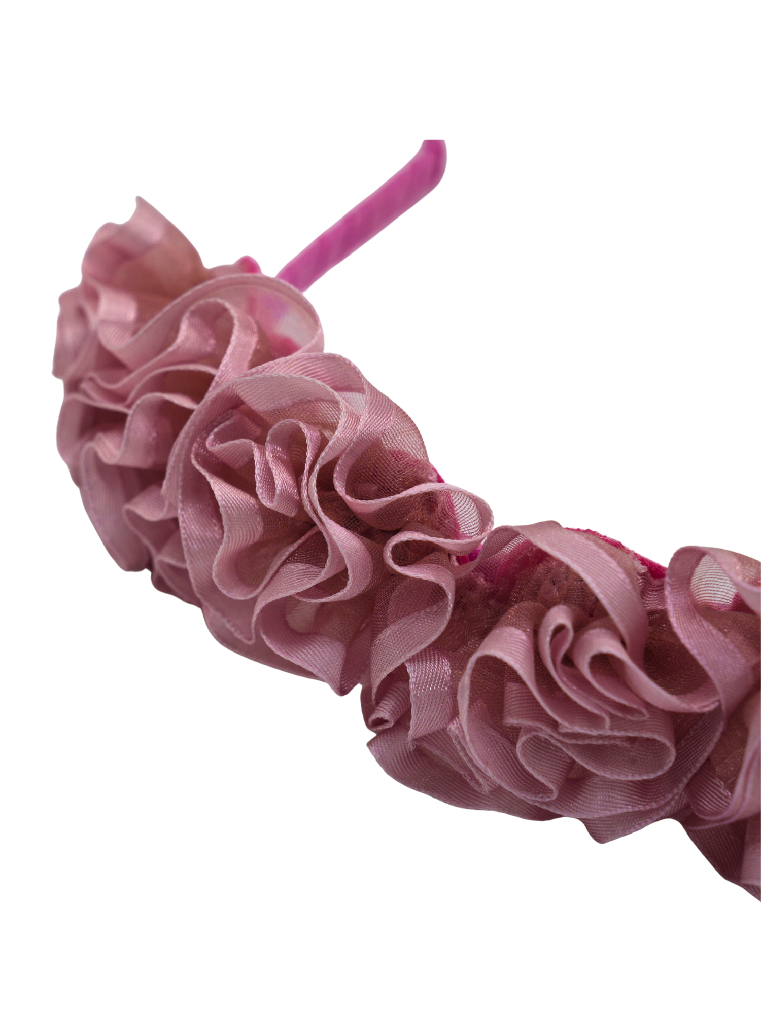 Pink satin organza  ruffle rose headband.