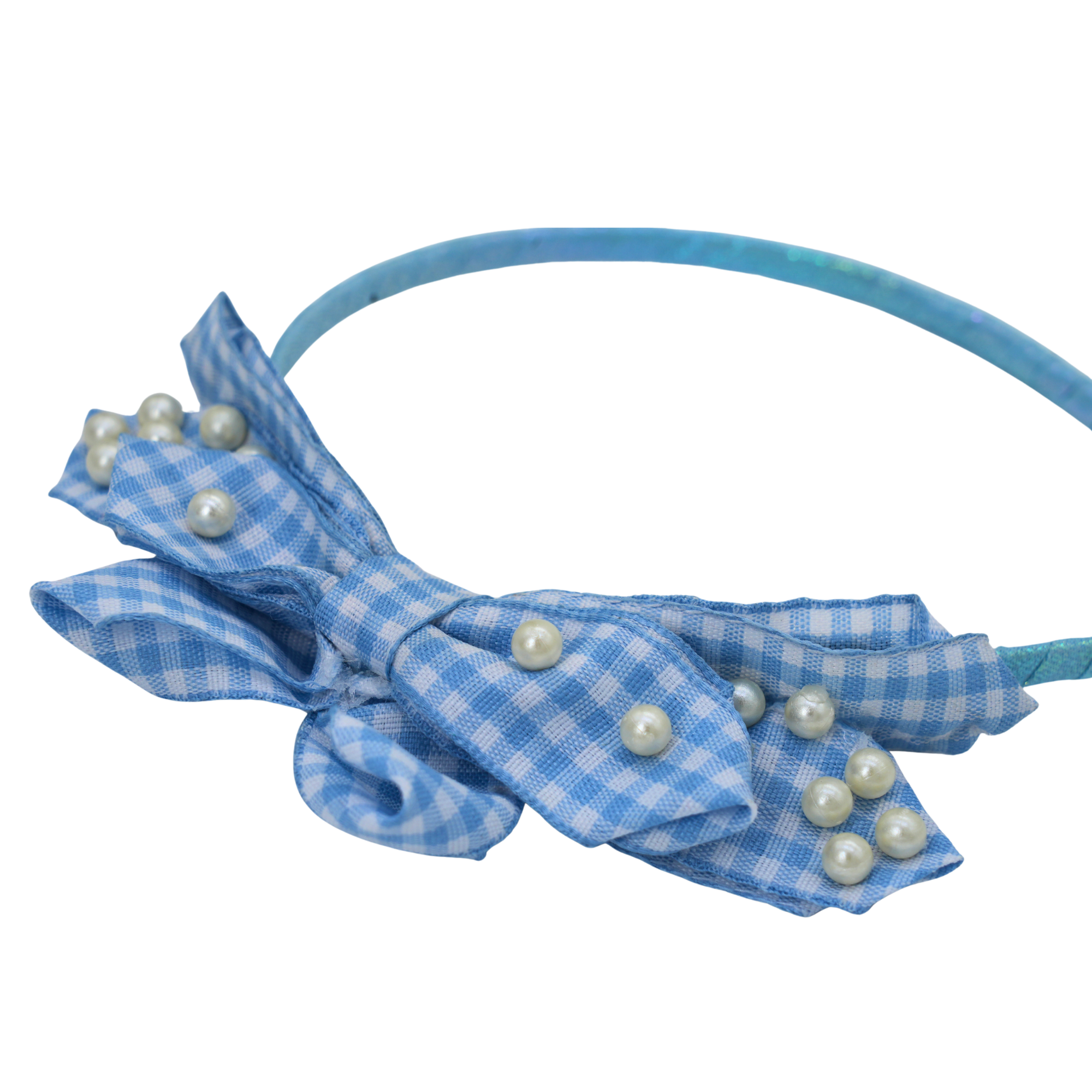 Blue Gingham Pearl Bow Headband