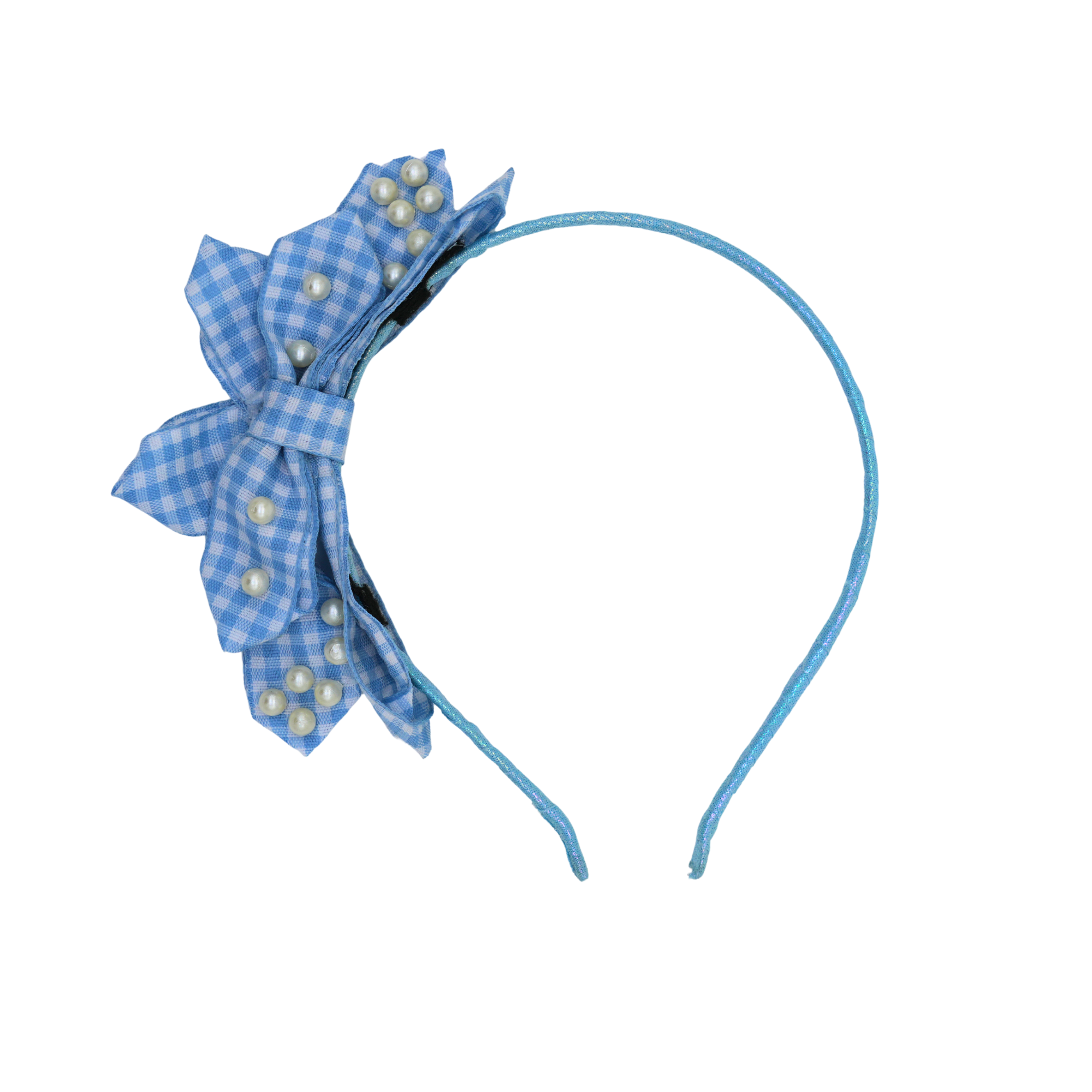 Blue Gingham Pearl Bow Headband